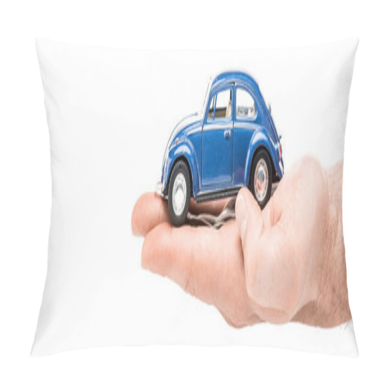 Personality  Panoramic Shot Of Man Holding Blue Toy Car Isolated On White Pillow Covers