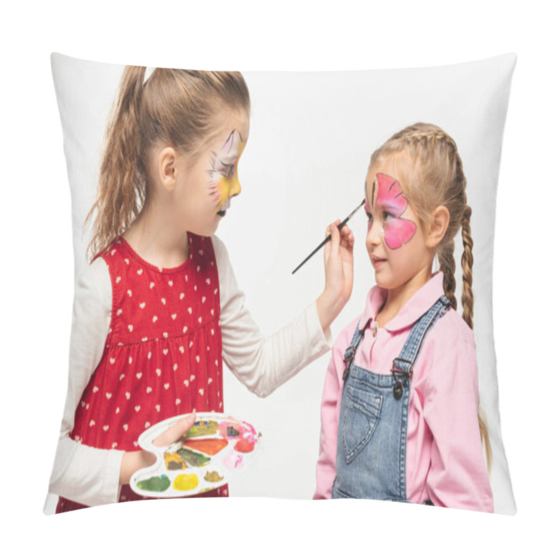 Personality  Cute Child With Cat Muzzle On Face Painting Butterfly Mask On Face Of Friend Isolated On White Pillow Covers