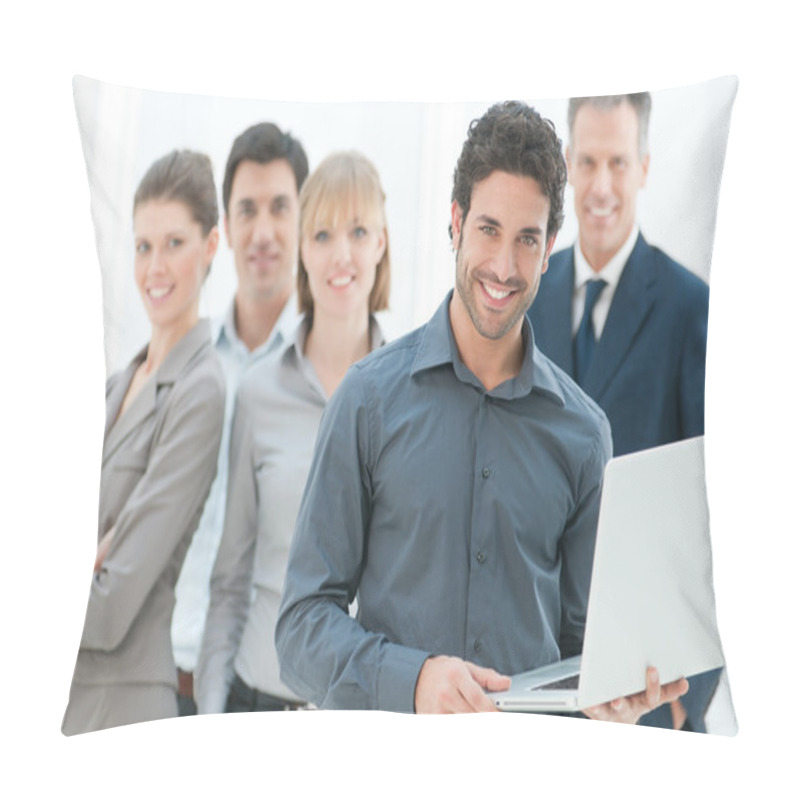 Personality  Business Man Holding A Modern Laptop Pillow Covers