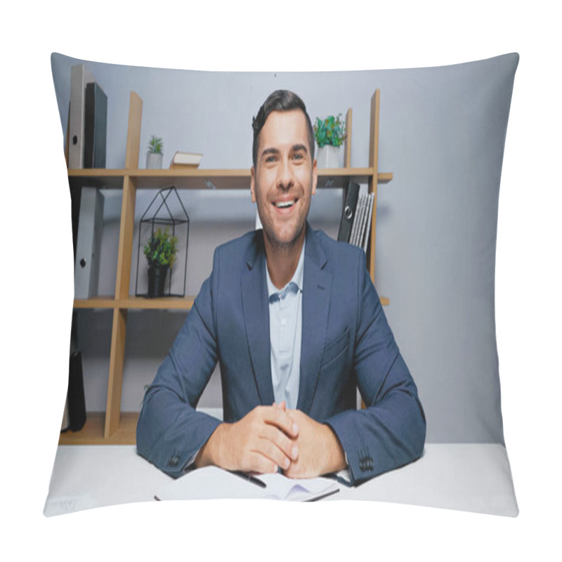 Personality  Smiling Businessman Looking At Camera Near Notebook And Papers On Blurred Foreground  Pillow Covers