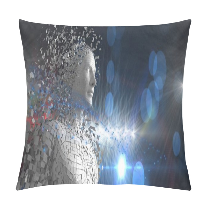 Personality  Computer Generated Human Dissolving Into Pieces Over Blue Background. Technology And Cyber Futurism Concept, Digitally Generated Image. Pillow Covers