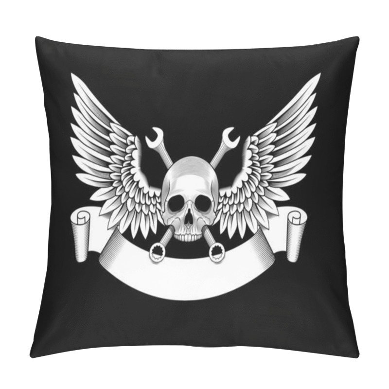 Personality  Skull With Wings, Wrenches And Ribbon. Auto Repair Shop Emblem. Stock Vector Illustration. Pillow Covers