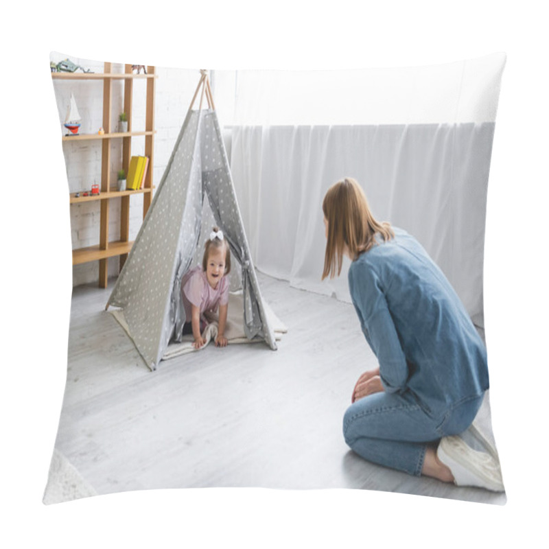 Personality  Kindergarten Teacher Looking At Happy Kid With Down Syndrome Sitting In Tipi Pillow Covers