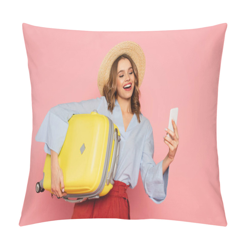 Personality  Smiling Woman With Suitcase Using Smartphone Isolated On Pink  Pillow Covers