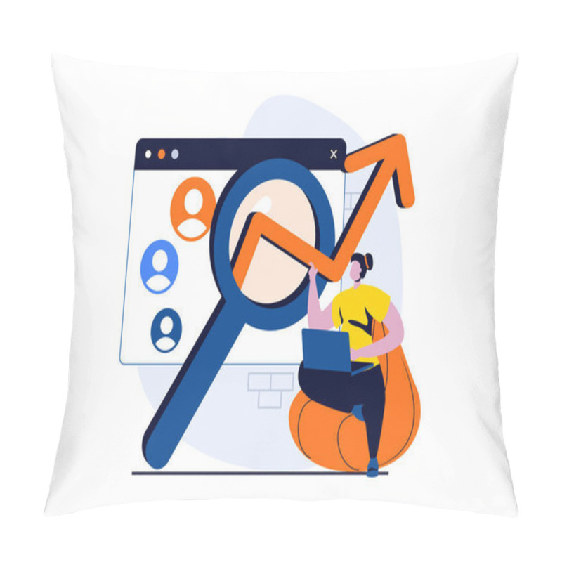 Personality  Finding Solution Concept With People Scene In Flat Cartoon Design. Woman Studies Customer Behavior And Growth In Sales Figures, Analyzes And Optimizes. Vector Illustration Visual Story For Web Pillow Covers