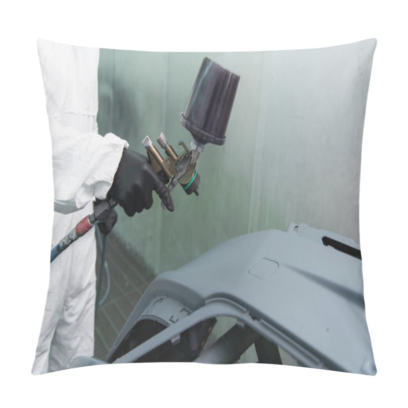 Personality  Cropped View Of Workman In Hazmat Suit And Glove Holding Airbrush Near Car Part In Service  Pillow Covers