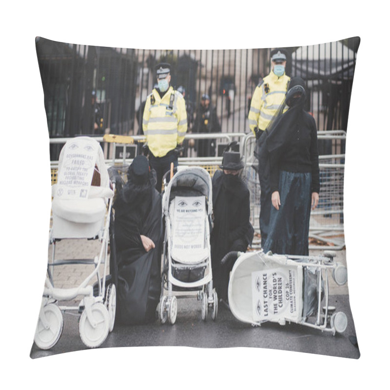 Personality  Westminster, London | UK -  2021.05.08: Extinction Rebellion Activists Kneeling In Front Of Downing Street With White Baby Prams Pillow Covers