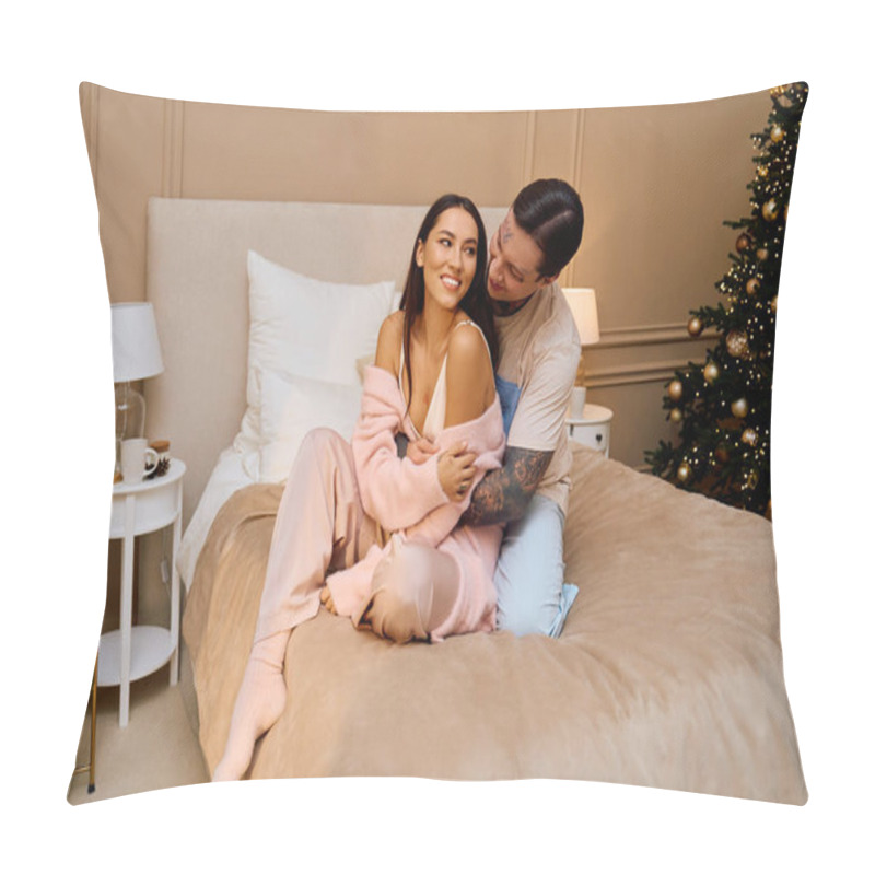 Personality  A Young Couple Embraces Warmly In A Stylish Bedroom, Surrounded By Festive Decorations. Pillow Covers