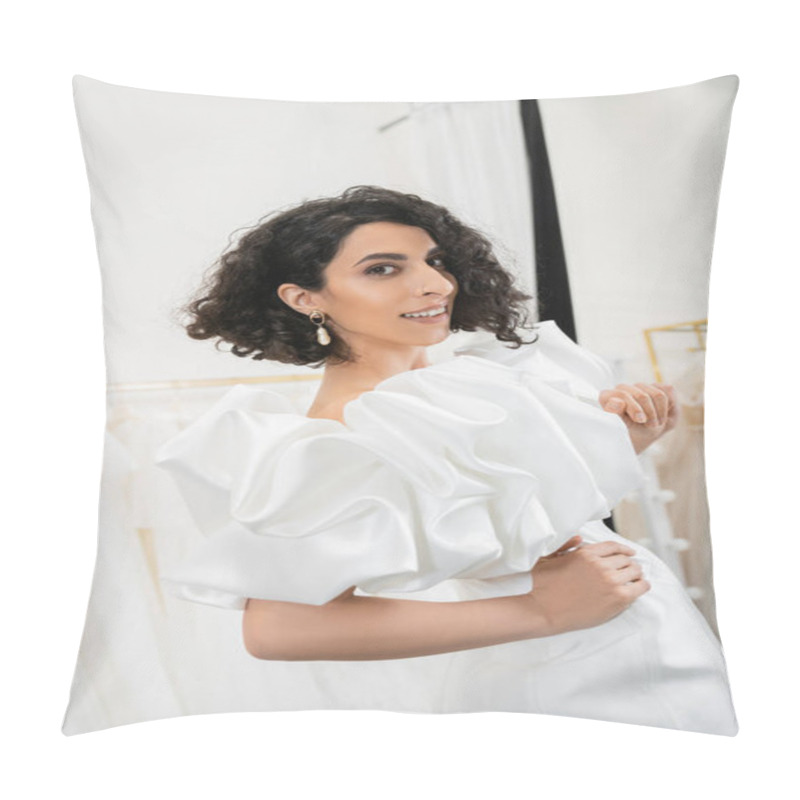 Personality  Happy Middle Eastern Bride With Brunette And Wavy Hair Posing With Hands On Hips In Trendy Wedding Dress With Puff Sleeves And Ruffles In Bridal Boutique Next To Tulle Fabrics  Pillow Covers