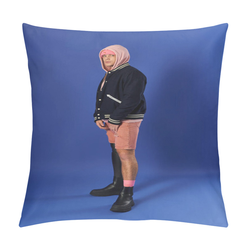 Personality  Young Man With A Prosthetic Leg Showcases A Trendy Outfit In A Striking Blue Environment. Pillow Covers