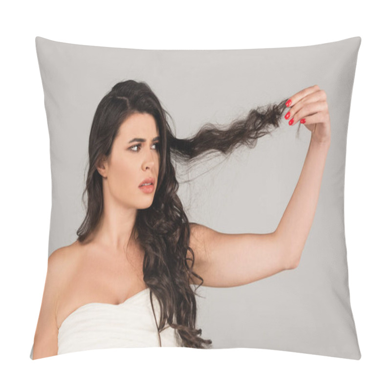 Personality  Displeased Woman In White Top Looking At Damaged And Tangled Hair Isolated On Grey Pillow Covers