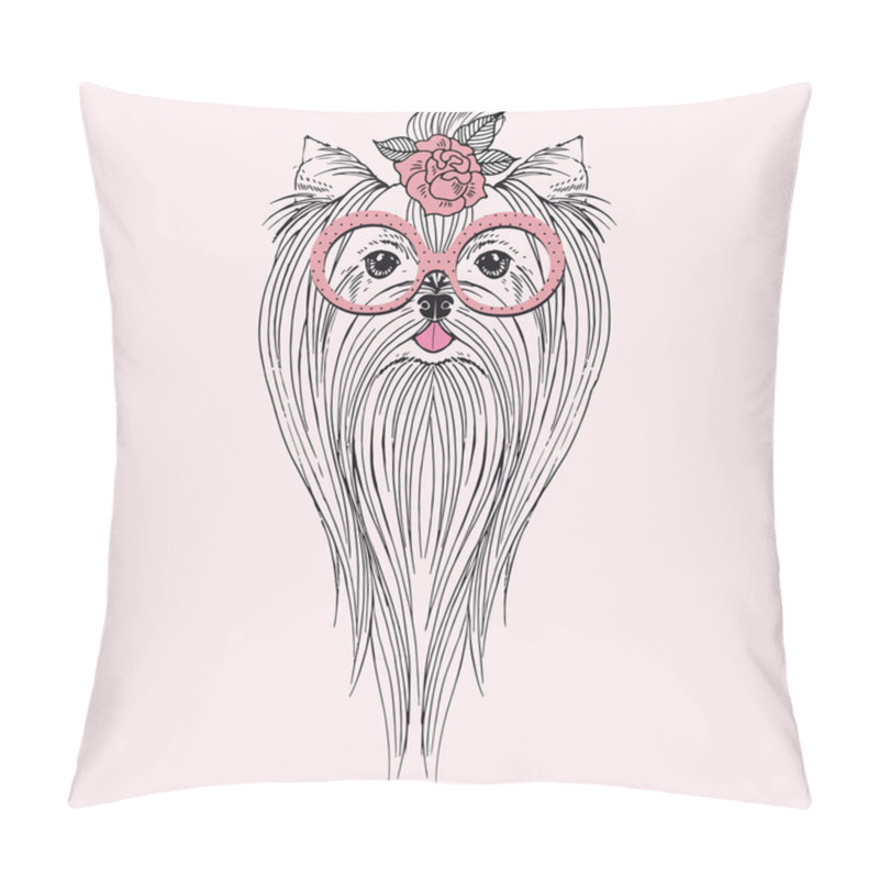 Personality  Hand Drawn Portrait Of Yorkshire Terrier Hipster Girl Pillow Covers