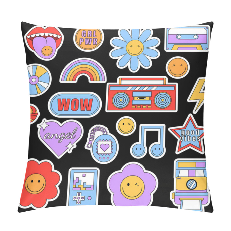 Personality  Set Of Trendy Retro Stickers With Smile Faces And 90s Elements Patches Isolated On A White Background. Funky, Hipster Retrowave Stickers In Geometric Shapes. Vector Illustration Of Y2k. Pillow Covers