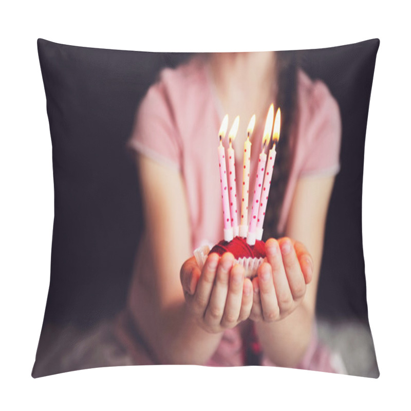 Personality  Child Girl Holding A Cupcake With Five Candles Pillow Covers