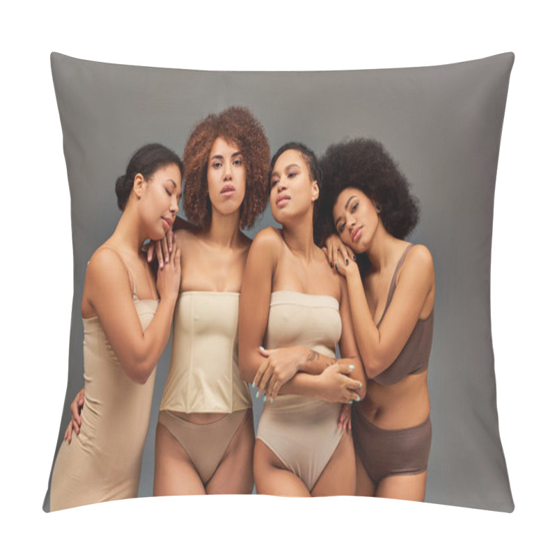 Personality  Four Attractive African American Women In Pastel Underwear Posing Together On Gray Backdrop, Fashion Pillow Covers