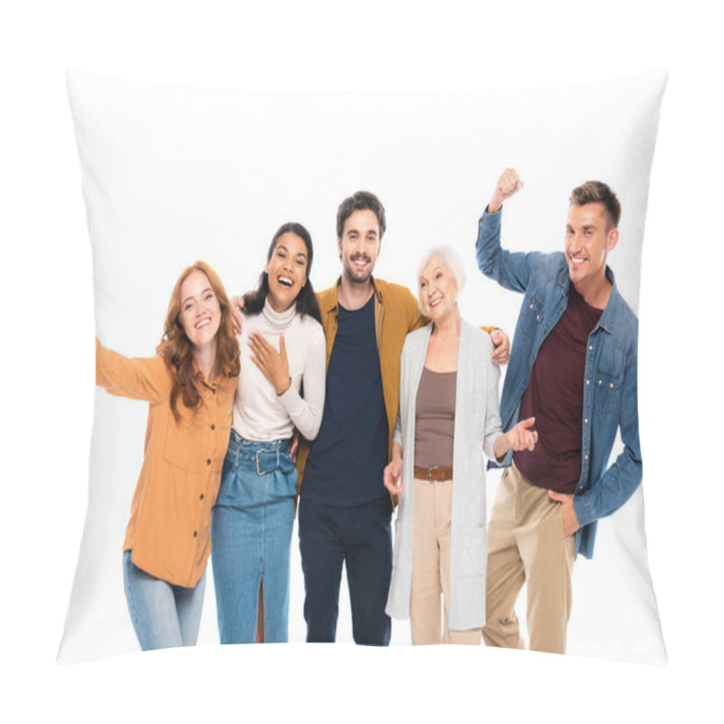 Personality  Multiethnic Friends Smiling While Embracing Isolated On White Pillow Covers