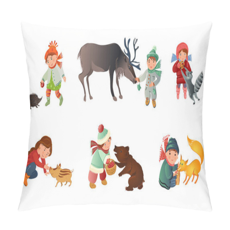 Personality  Boys And Girls Petting And Playing With Animals Vector Illustration Pillow Covers