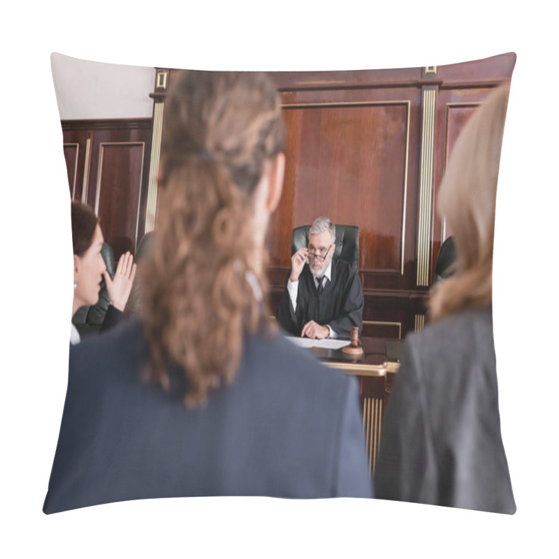 Personality  Prosecutor Pointing With Hand While Talking To Judge Near Blurred Man And Advocate Pillow Covers