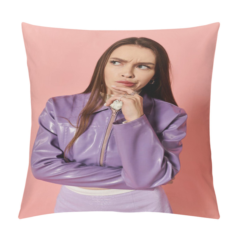 Personality  A Vibrant Stylish Woman Poses Thoughtfully Against A Bright Pink Backdrop Wearing Purple Clothing. Pillow Covers