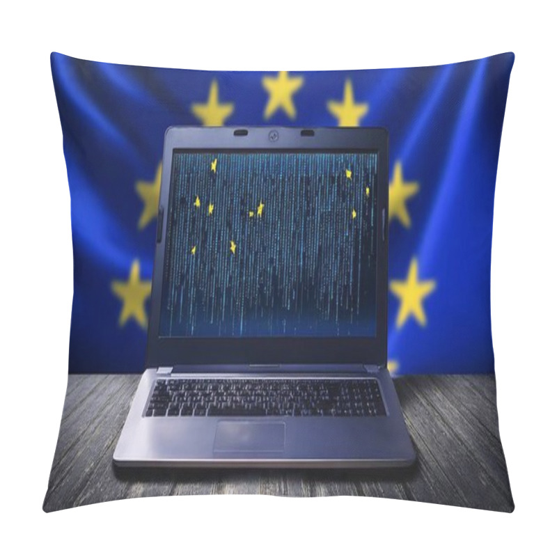 Personality  A Laptop Displaying Code Sits On A Case Against A Backdrop Of The European Union Flag. Pillow Covers