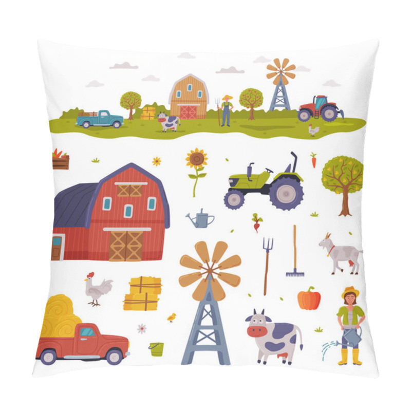 Personality  Farm Rural Buildings And Agricultural Objects Set, Farmhouse, Windmill, Tractor, Pickup, Livestock, Agriculture And Farming Concept Cartoon Style Vector Illustration Pillow Covers