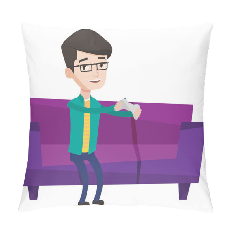 Personality  Man Playing Video Game Vector Illustration. Pillow Covers