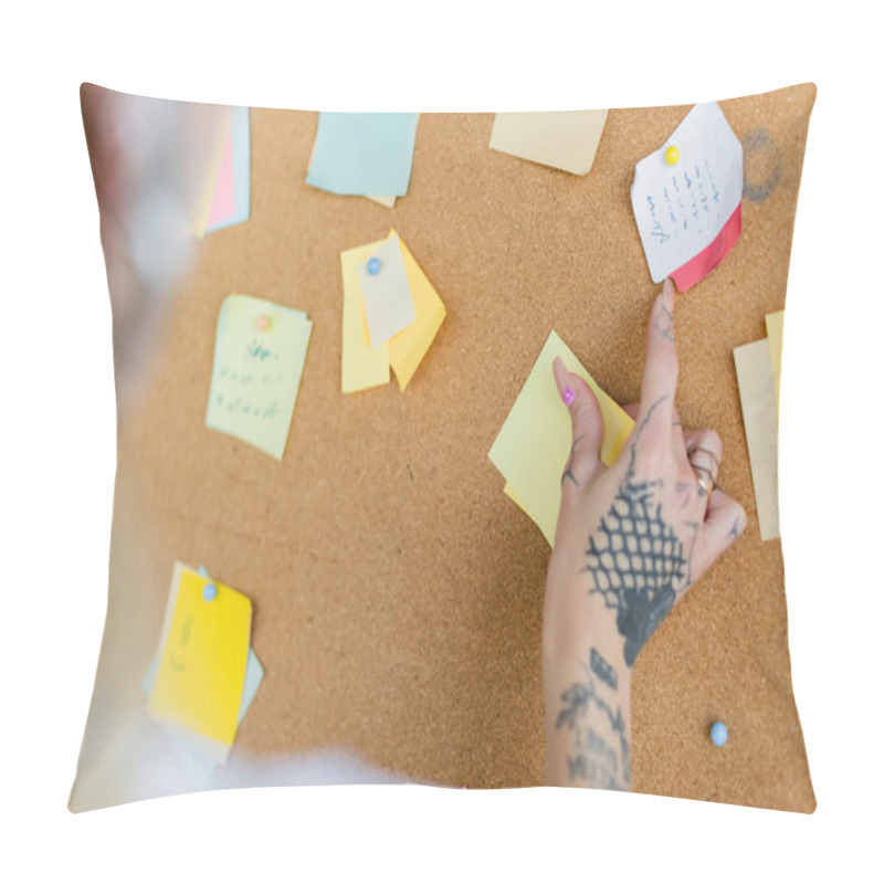 Personality  Cropped View Of Blurred Woman With Tattoo Near Corkboard With Sticky Notes In Office Pillow Covers