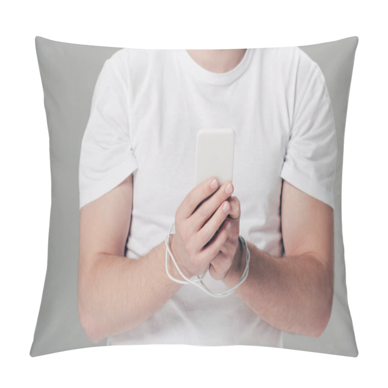 Personality  Partial View Of Young Man With Usb Cable Around Hands Using Smartphone Isolated On Grey Pillow Covers