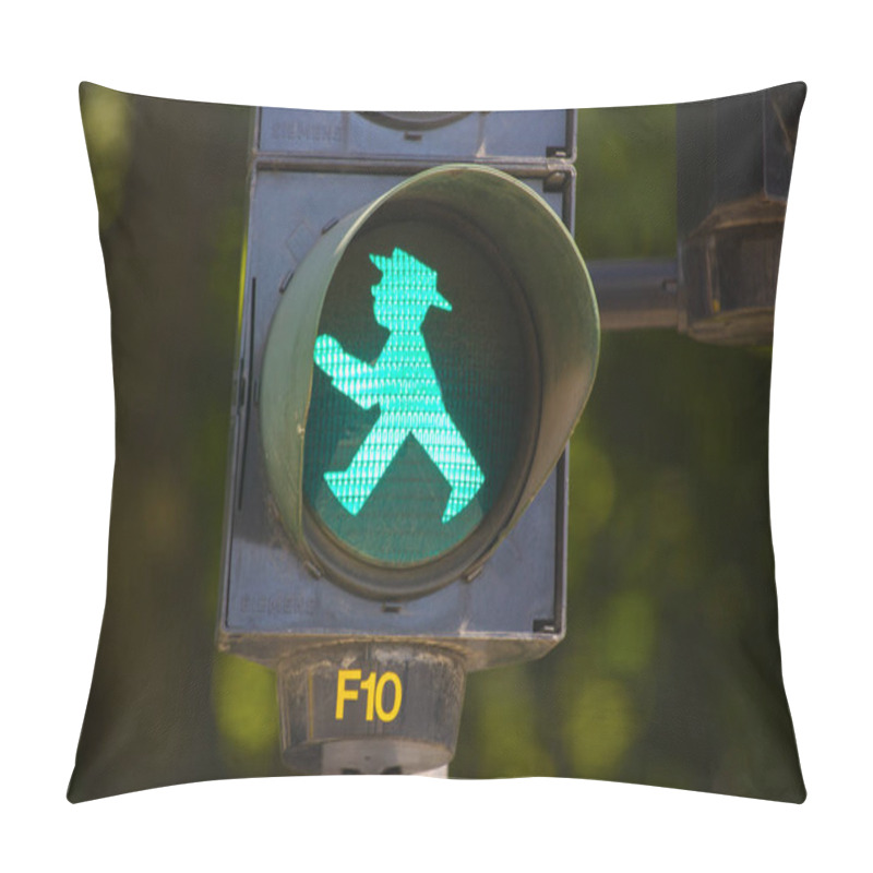 Personality  BERLIN, GERMANY - JUNE 11, 2913: Detail Of Pedestrian Traffic Light Showing Emblematic Berlin Green Man In Berlin, Germany Pillow Covers