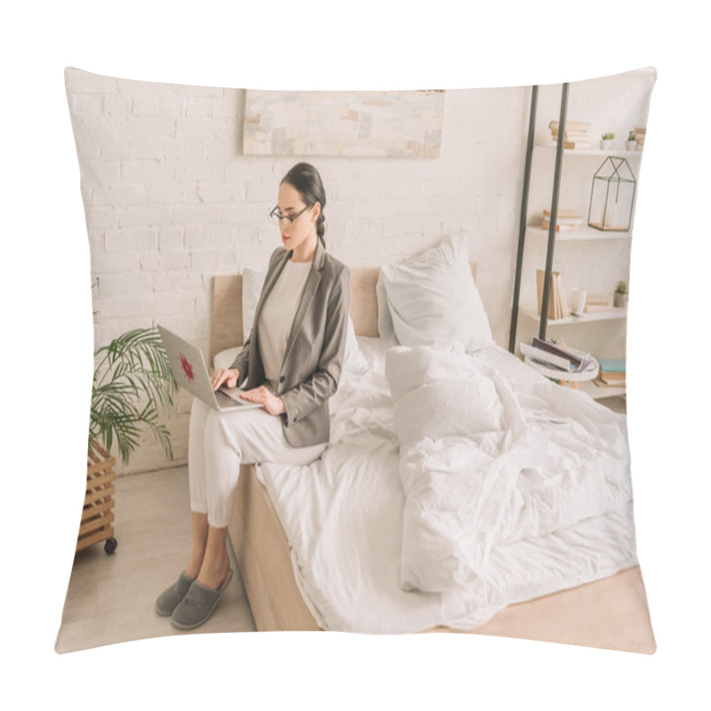 Personality  Young Businesswoman In Blazer Over Pajamas Using Laptop While Sitting On Bed Pillow Covers