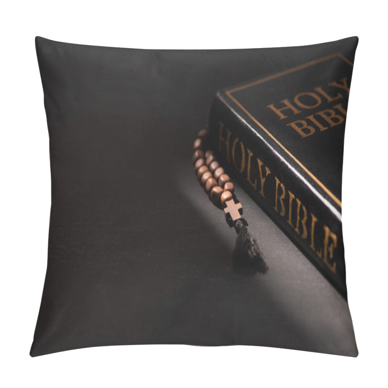 Personality  Holy Bible With Rosary On Black Dark Background Pillow Covers