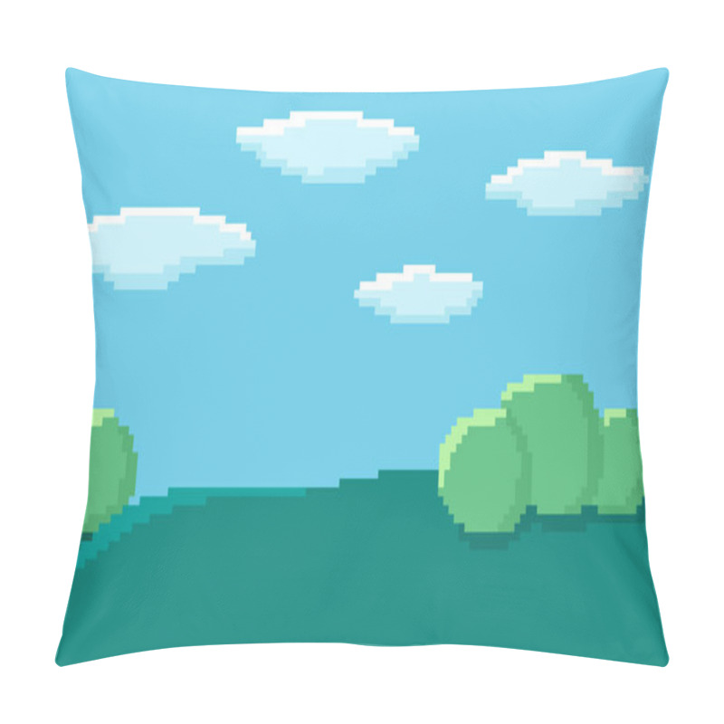 Personality  Pixel Art Game Background With Blue Sky And Clouds, Green Hills With Bushes. 8-bit Flat Vector Illustration.  Pillow Covers