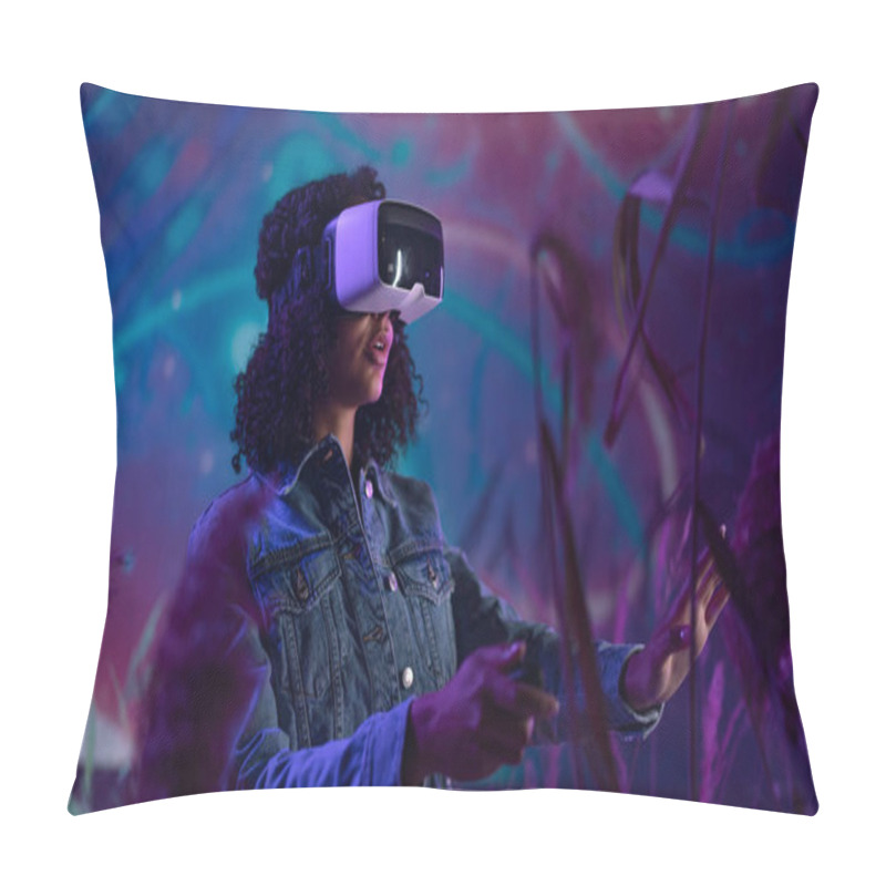 Personality  Metaverse Digital Cyber World Technology, Girl With Virtual Reality VR Goggles Playing Augmented Reality Game, Futuristic Lifestyle Pillow Covers