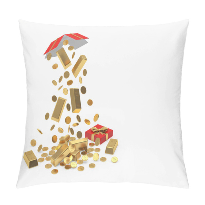 Personality  Open Gift Box With Falling Gold Bars And Coins Isolated On White Background. 3d Illustration Pillow Covers