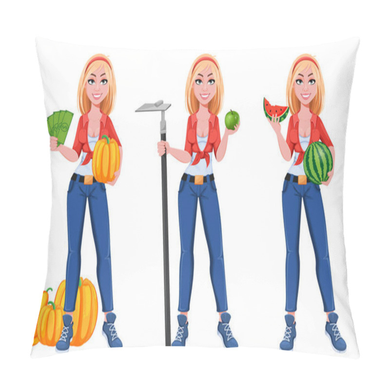 Personality  Happy Smiling Farm Girl, Set Of Three Poses. Beautiful Farmer Woman Cartoon Character Holding Money, Holding Hoe And Holding Watermelon. Vector Illustration  Pillow Covers