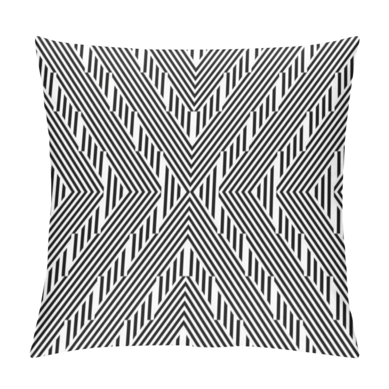 Personality  Seamless Pattern With Striped Black White Straight Lines And Diagonal Inclined Lines (zigzag, Chevron). Optical Illusion Effect, Op Art. Background For Cloth, Fabric, Textile, Tartan. Pillow Covers