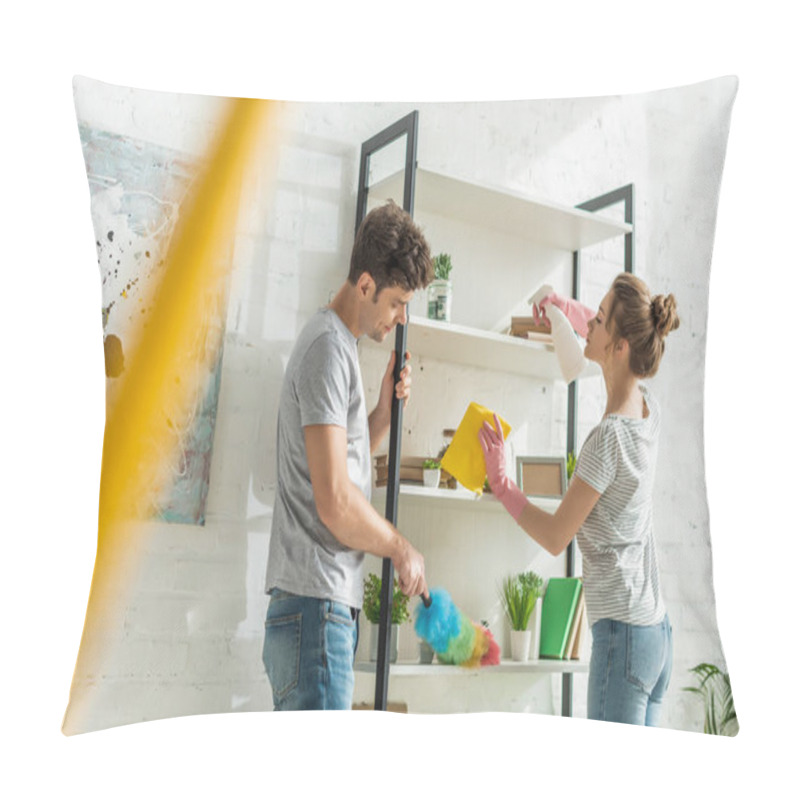 Personality  Selective Focus Of Girl And Handsome Man Cleaning Rack Shelves Pillow Covers