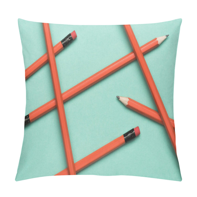 Personality  Top View Of Arranged Graphite Pencils With Erasers On Green Pillow Covers