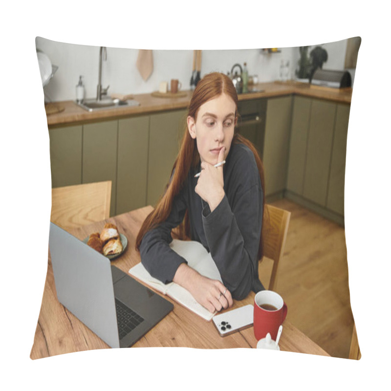 Personality  The Stylish Young Guy Reflects At His Table, Surrounded By A Cozy Home Environment. Pillow Covers