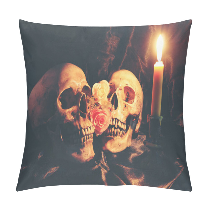 Personality  Lover Of Human Skulls And Rose Flower With Light Candle In Dim Valentines On Black Fabric With Texture In Night Time / Still Life Image Pillow Covers