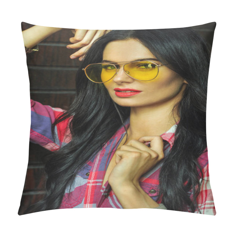 Personality  Street Style Portrait Of Glamour Young Brunette Woman With Beautiful Make-up Wearing Fashionable Look.  Pillow Covers