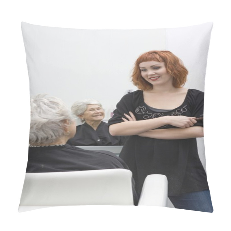 Personality  Stylist And Client Discuss Haircut Pillow Covers