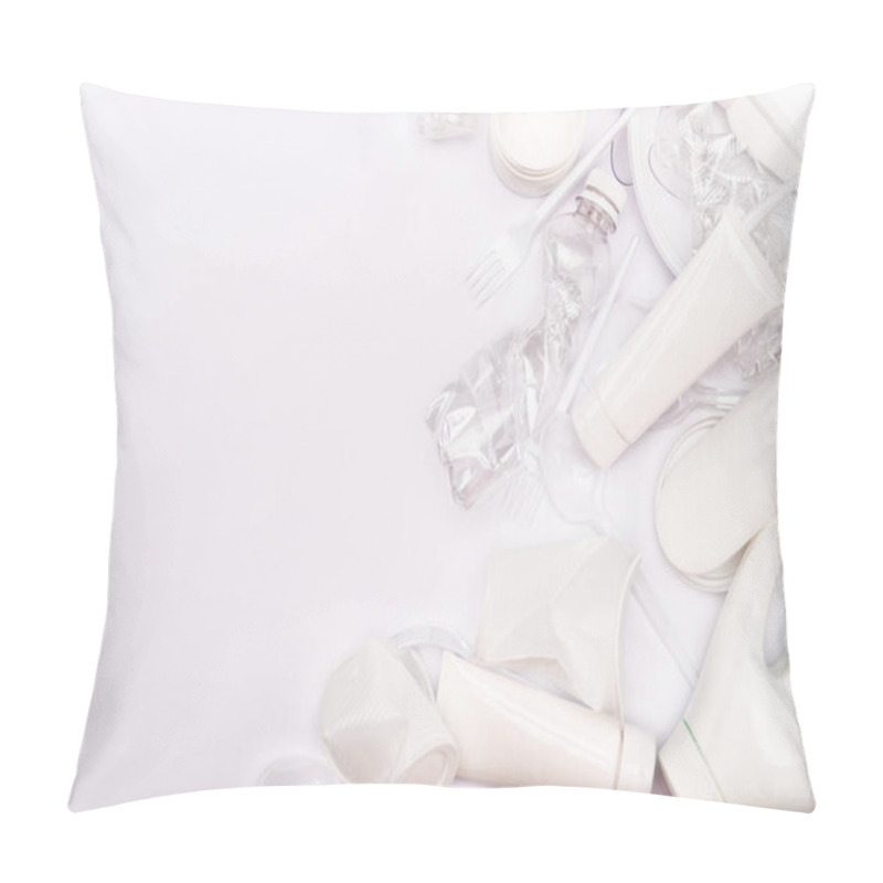 Personality  Top View Of Plastic Rubbish Scattered On White Background With Copy Space Pillow Covers