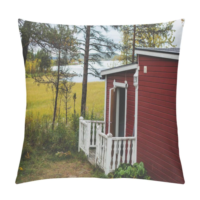 Personality  View Of Classical Swedish Camping Site With Traditional Wooden Red Cabin Cottage Houses, Lapland, Northern Swede Pillow Covers