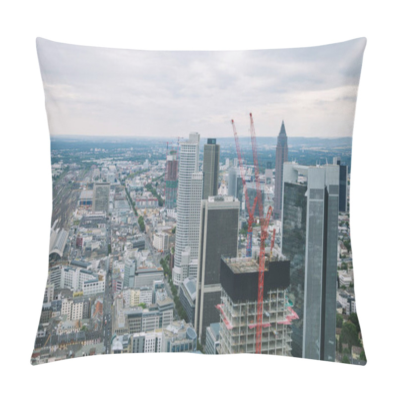 Personality  Aerial View Of Cityscape With Skyscrapers And Buildings Near Crane In Frankfurt, Germany  Pillow Covers