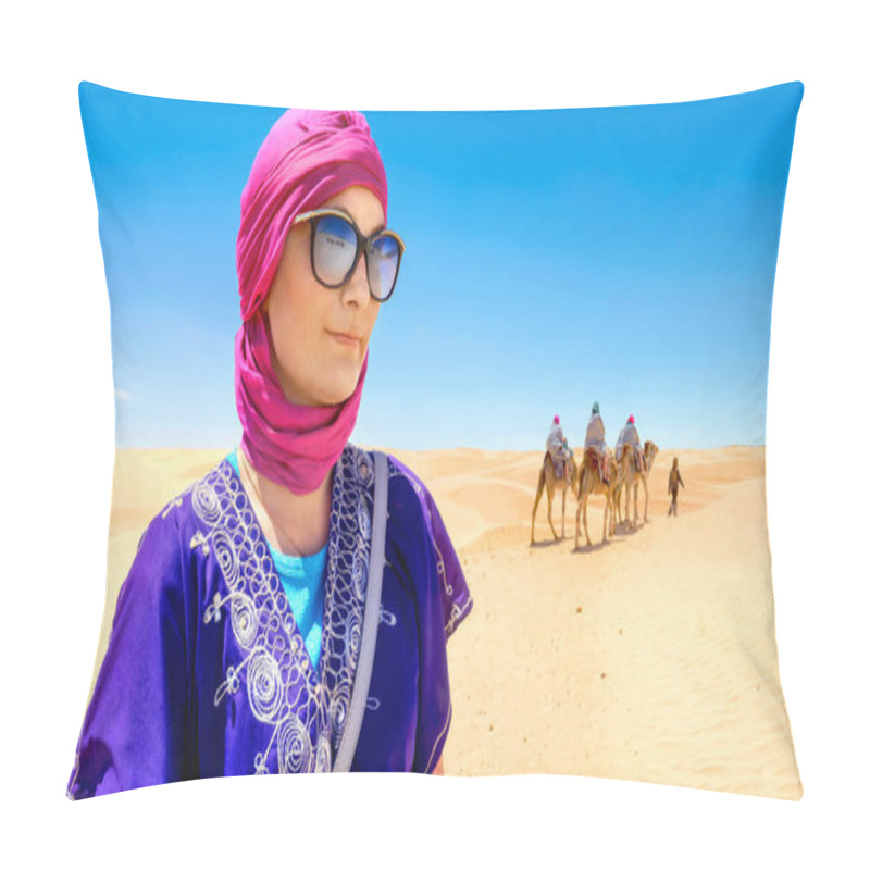 Personality  Portrait Of Beautiful Woman In Arabic Traditional Clothing Against Background Of Tourists Riding On Camels. Sahara Desert, Tunisia, North Africa        Pillow Covers