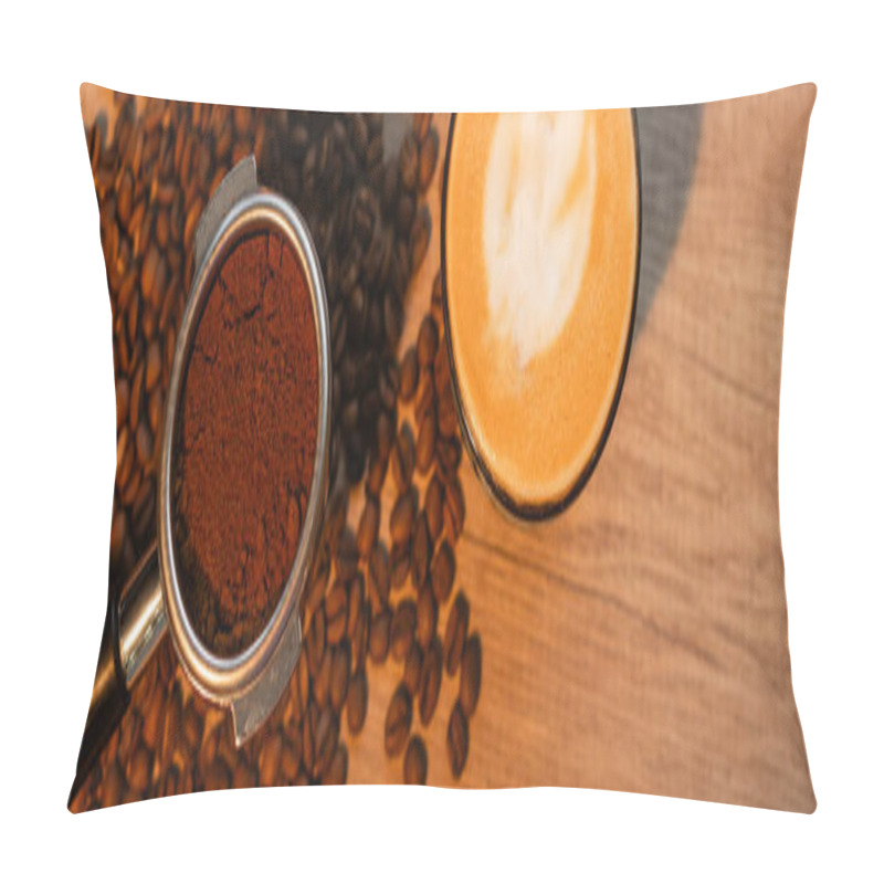 Personality  Top View Of Holder With Coffee Near Cappuccino On Coffee Beans In Cafe, Banner Pillow Covers