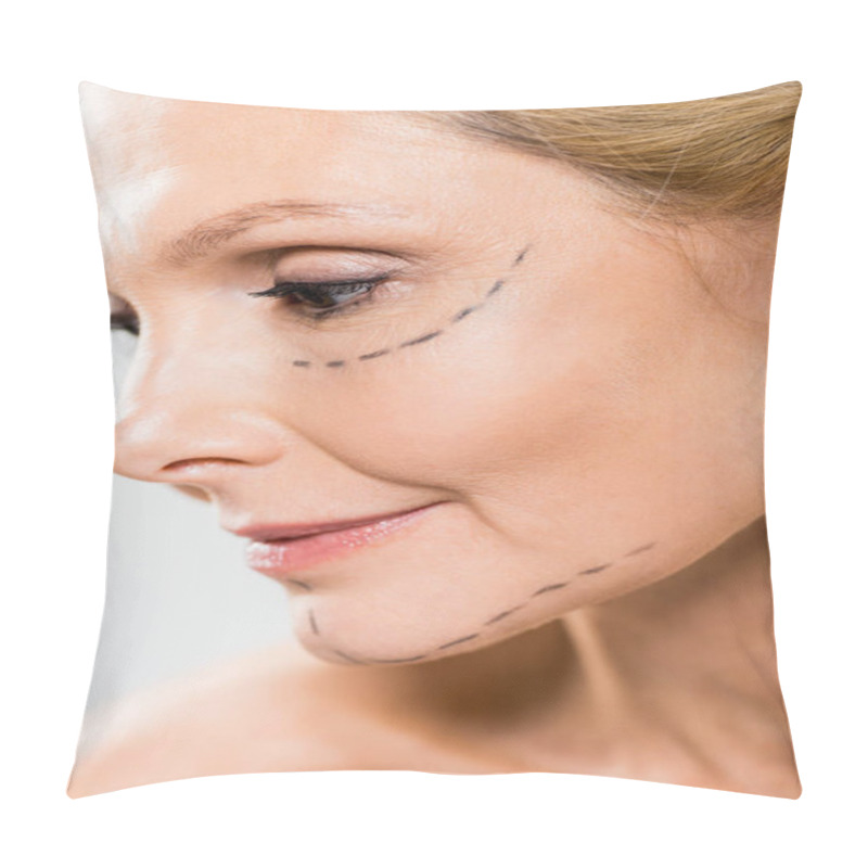 Personality  Close Up Of Beautiful And Middle Aged Woman With Lines On Face Looking Down Isolated On White Pillow Covers