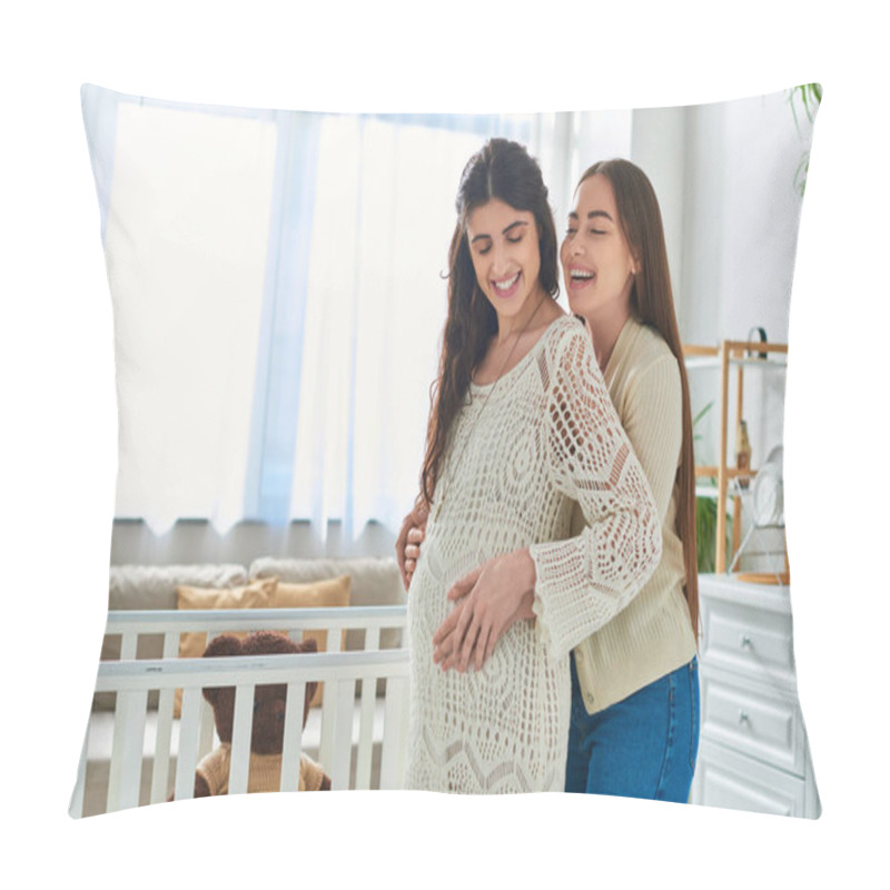 Personality  Happy Lesbian Couple Standing Next To Crib Hugging And Smiling With Closed Eyes, Ivf Concept Pillow Covers