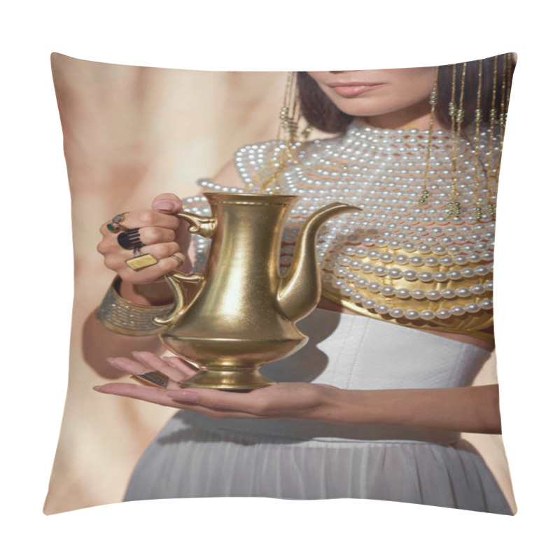 Personality  Cropped View Of Stylish Woman In Egyptian Look Holding Golden Jug On Abstract Background Pillow Covers